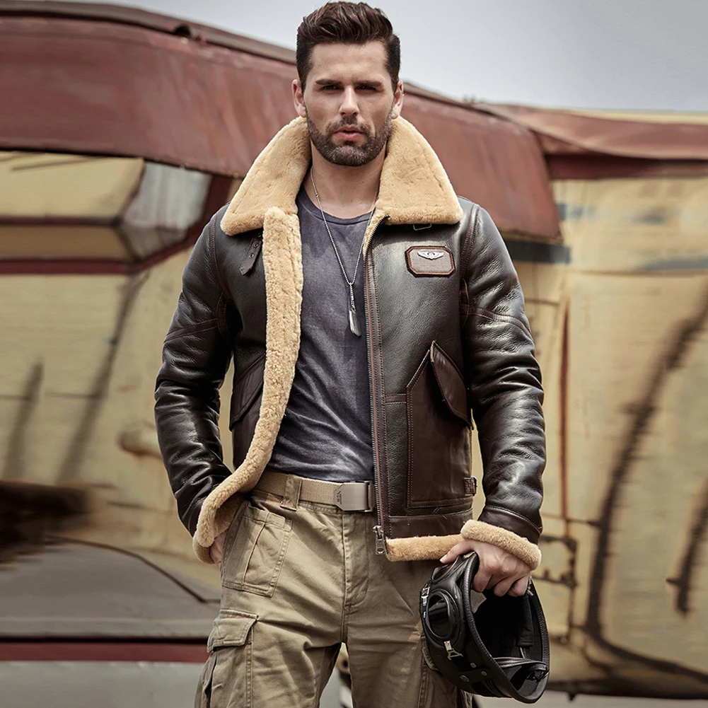 Denny&Dora Men's Brown B3 Shearling Jacket Airforce Flight Leather Jacket Classic Style Men's Outerwear