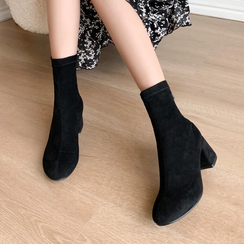 YQBTDL Autumn Stretch Suede Sock Boots Women Block Chunky High Heels Black Booties Woman Crystal Zipper Elastic Ankle Boot Shoes