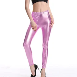 VIIANLES mujeres brillante azul plata oro polainas de cuero de imitación de cintura media estiramiento lápiz Pantalones brillante Fitness Legging