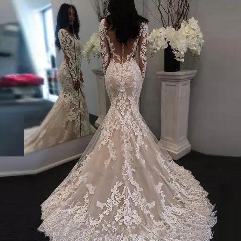 Abito da sposa a sirena in pizzo a maniche lunghe Illusion Abito da sposa romantico con applicazioni in tulle di moda con bottoni Abito da sposa