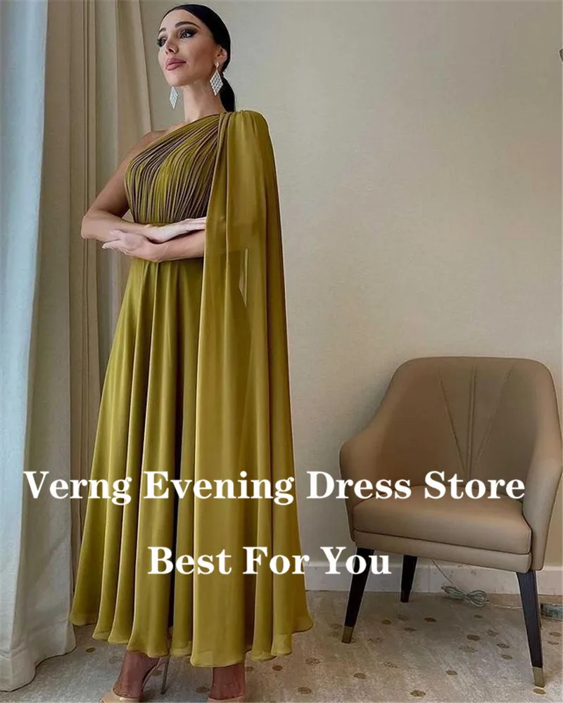 Verngo Olive Green Draped A Line Evening Dresses With Cape One Shoulder Silk Chiffon Dubai Women Formal Party Gowns Plus Size