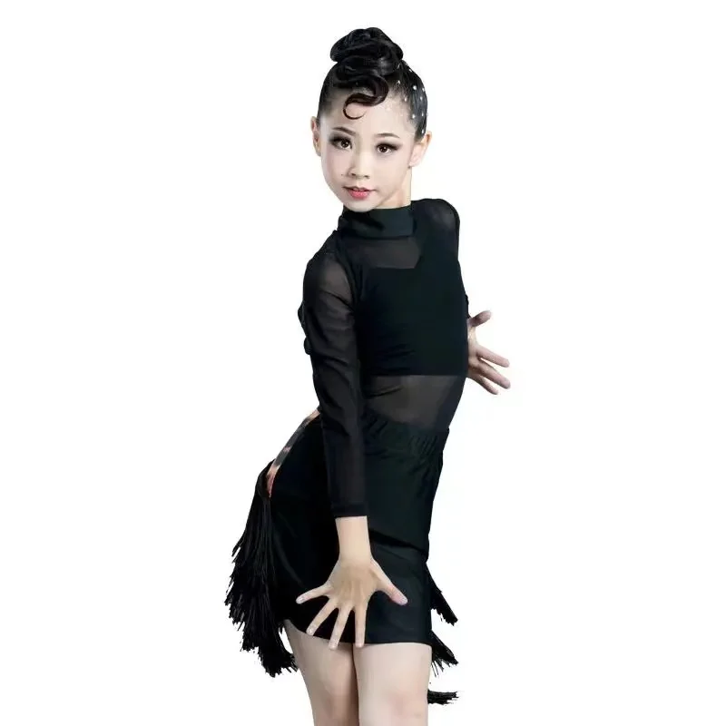 Girl Middle Sleeve Lace Mesh Mordern Ballroom Dancing Dresses For Kids Sexy Salsa Tango Skirt Children Tassel Latin Dance Dress