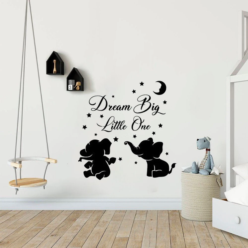 

Dream Big Little One Cute Baby Elephant Silhouette Inspirational For Kids Room Nursery Quote Vinyl Wall Art Sticker Decoration