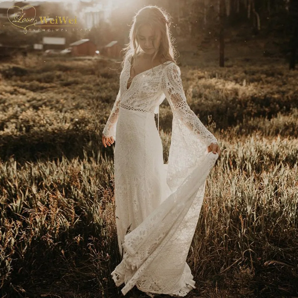 Gaun Pernikahan Bohemian Elegan Gaun Pengantin Model Deep A-Line Kerah V Court Train Lengan Flare Panjang Punggung Terbuka Selempang Renda Vestido De Noiva