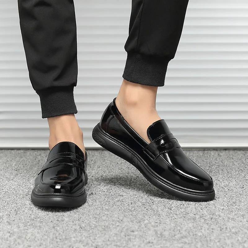 

Zero more Men Slip On Dress Shoes Thick Sole Comfortable Height Increasing Men Patent Leather Moccasins Loafers