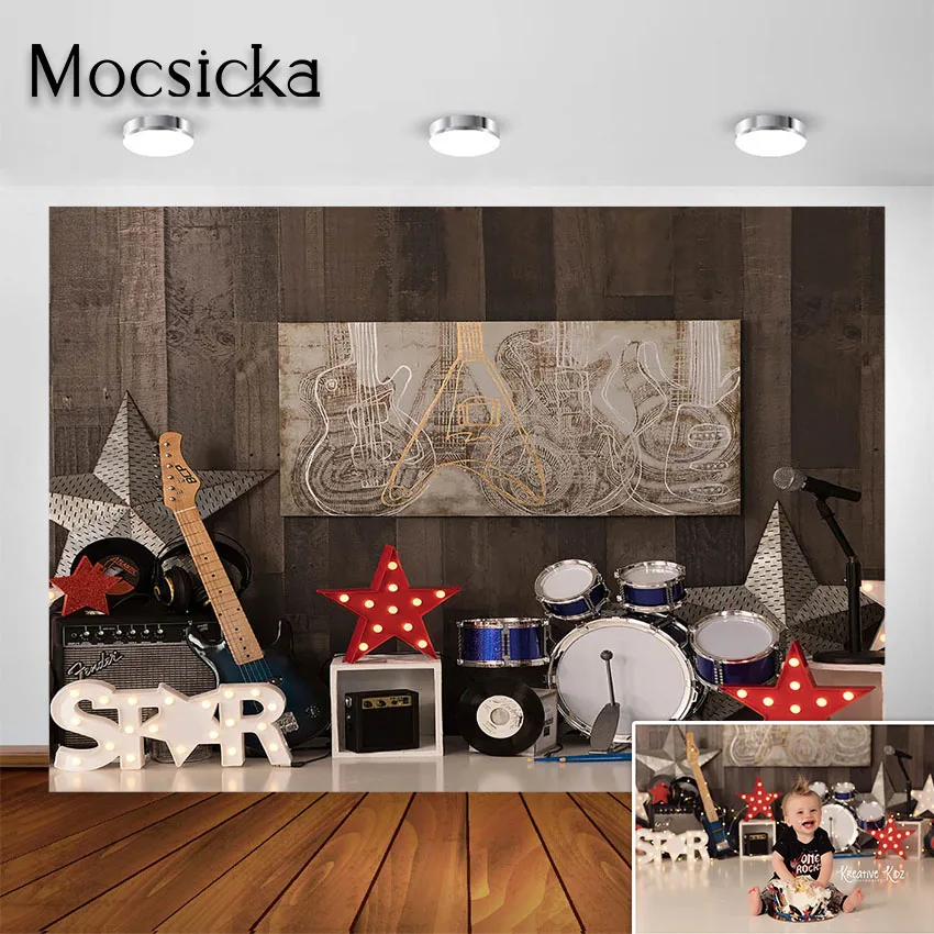 Mocsicka Rock Star Photography Backdrop Guitar Drum Musical Instrument Baby Kid Cake Smash Portrait Photographic Background