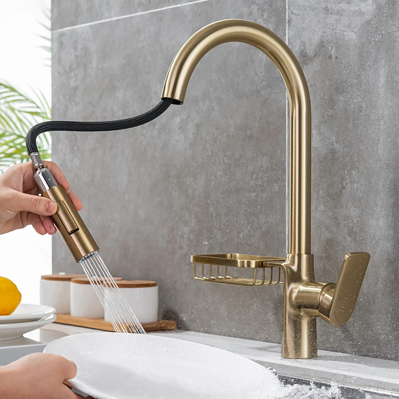 

Kitchen Faucets Brushed Gold Brass 360 Rotate Kitchen Faucet Deck Mount Cold And Hot Water Sink Mixer Taps Single Hole Faucet