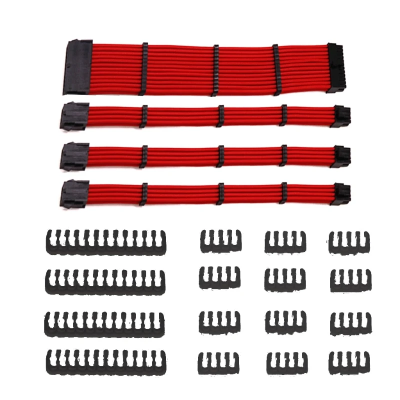 PC Sleeved Cable Extension Kit 18AWG 24Pin Motherboard 8 (4+4) Pin CPU 8 (6+2) Pin PCIE with Combs 33cm Multi-color