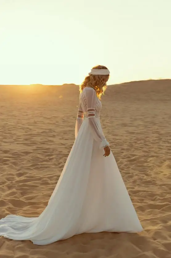 LSYX abito da sposa bohémien Vintage manica lunga in Chiffon lunghezza del pavimento in pizzo a pieghe splendido per le donne spiaggia semplice spiaggia a buon mercato