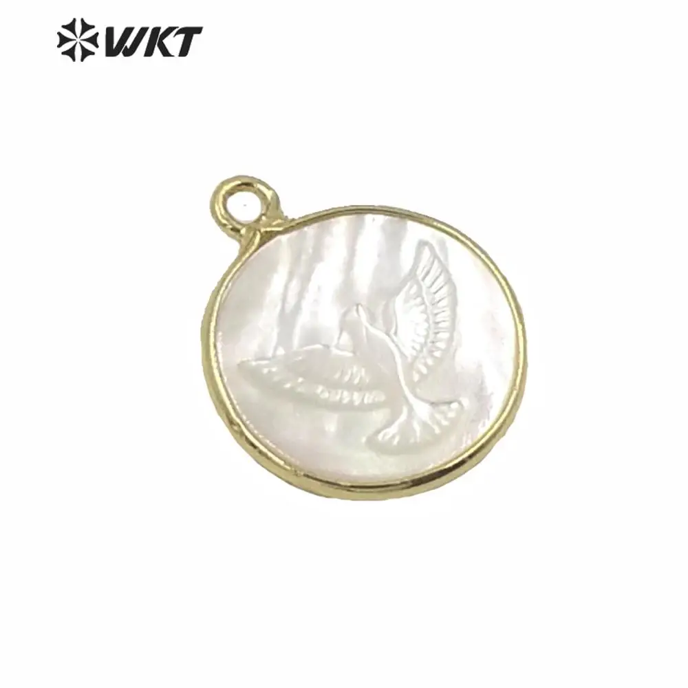 WT-JP237 WKT New Design Factory Directly Sales Christian Religous Peace Pigeon Pendant Carved Natural White Shell Charms