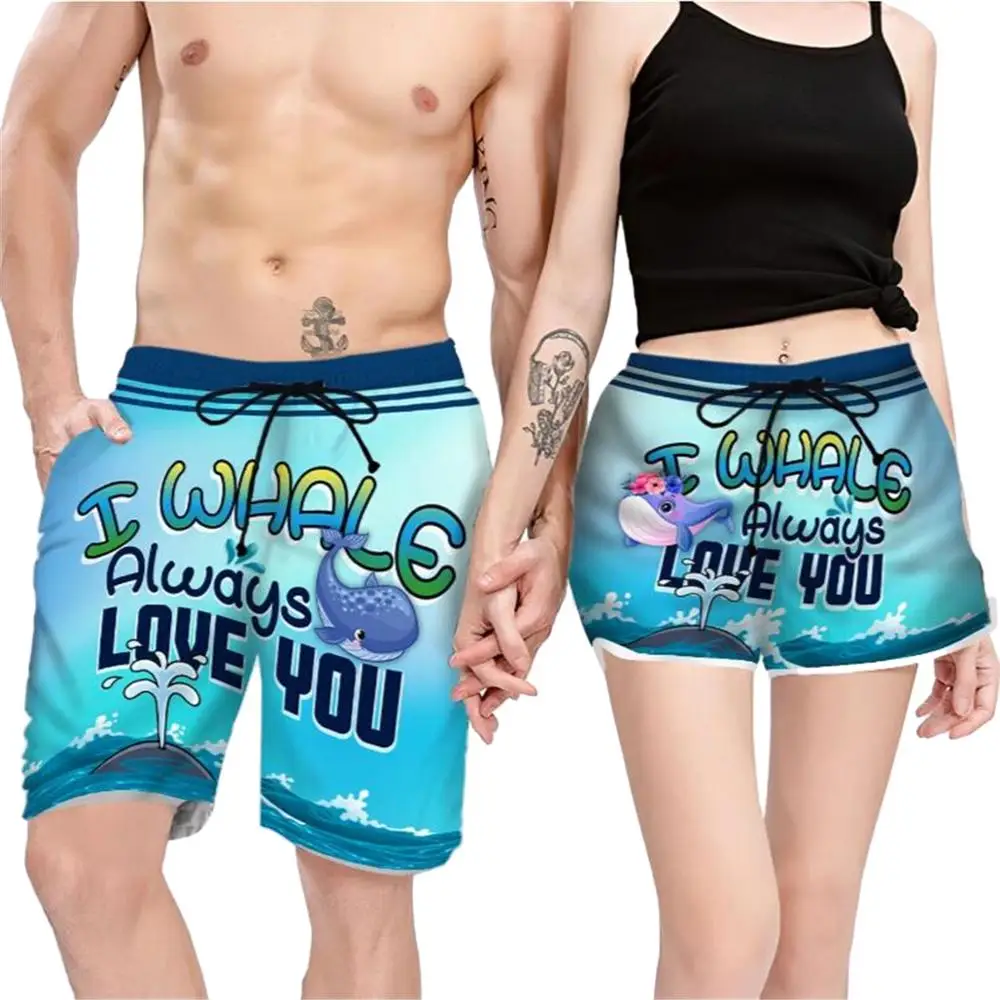 Couple Matching - I Whale Always Love You Printed Shorts Unisex Elastic Waist Shorts Summer Beach Harajuku Casual Cool Shorts