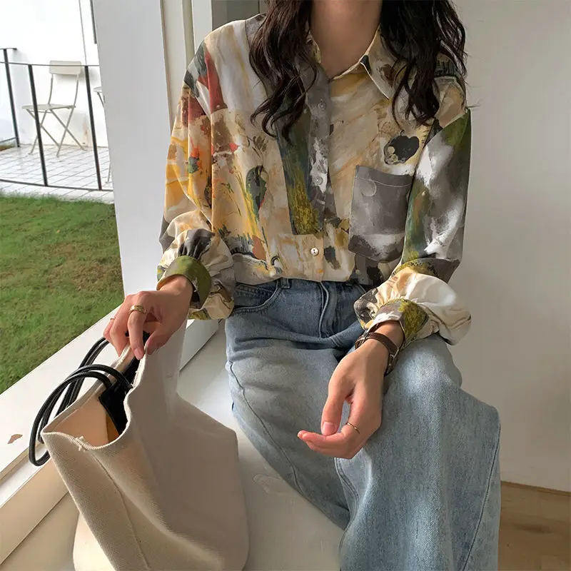 Vintage Blouse Beautiful Top Chic Spring Clothing Ladies Oil Painting Print Korean Streetwear Short Sleeve T-Shirts For Girls