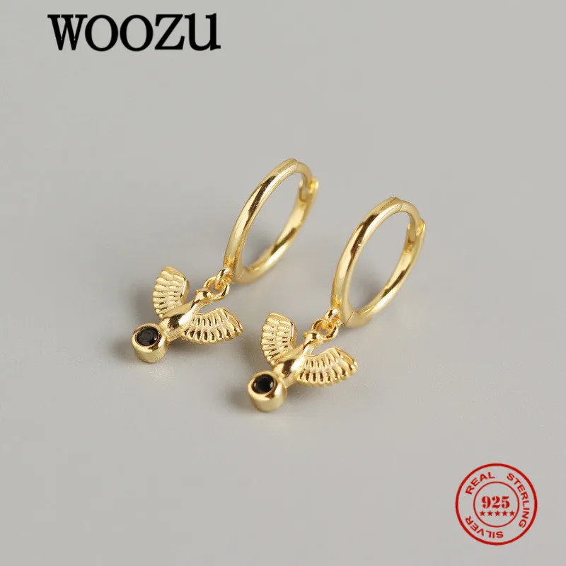 WOOZU Real 925 Sterling Silver Fashion Lovely Eagle Black Zircon Pendant Drop Earrings For Women Rock Party Ethnic Jewelry Gift