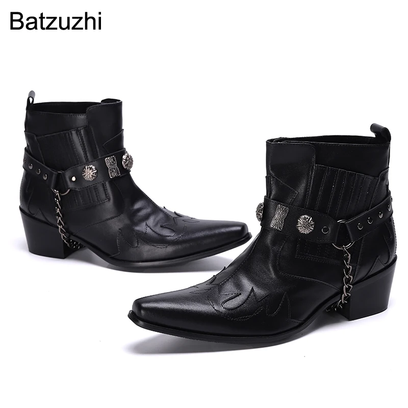 

Batzuzhi Western Cowboy Handmade Men's Boots Black Genuine Leather Ankle Boots MenPointed Toe Rock Chains Motorcycle Boots