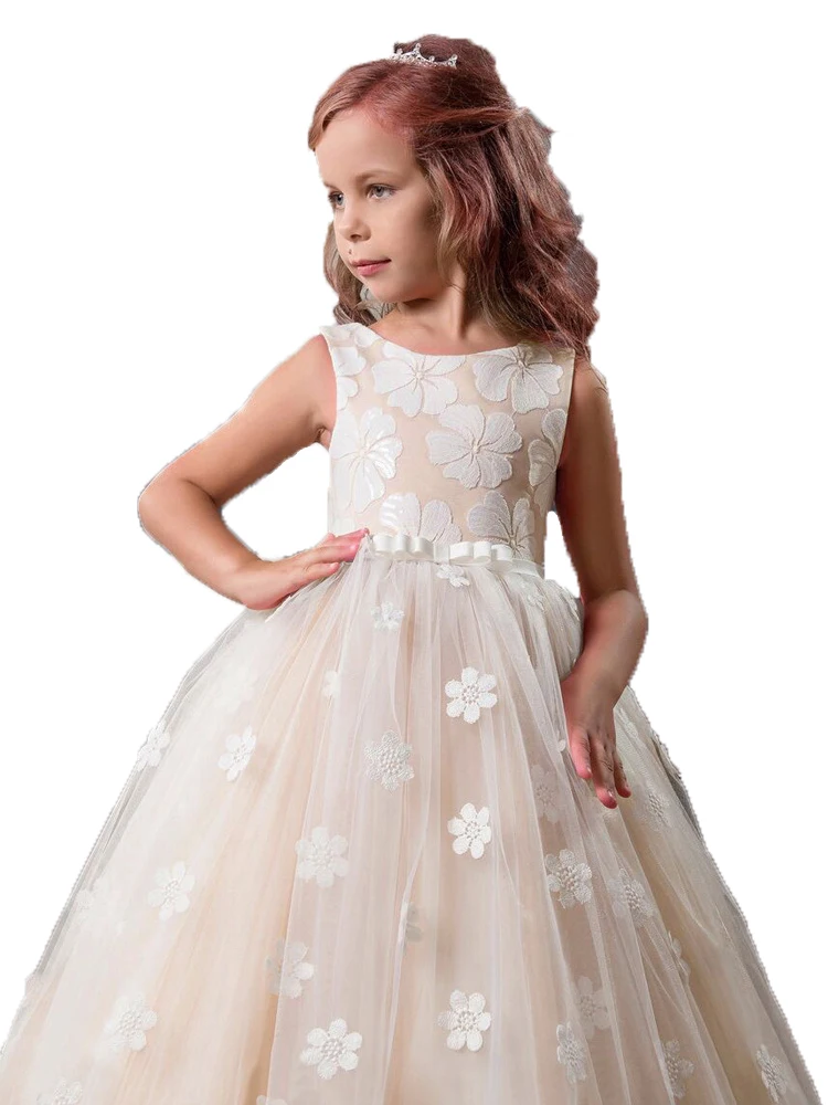 Robe de princesse en dentelle pour filles, tenue de bal, sans manches, en maille, motif floral, bonne qualité