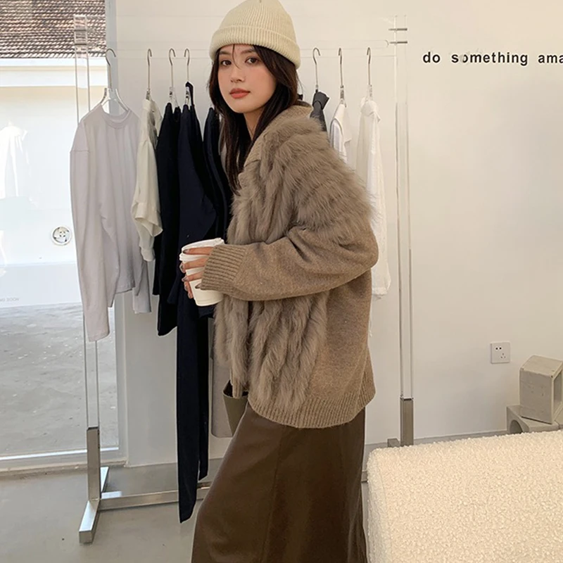 Women Real Fox Fur Knitting Oversize Loose Spring Fox Fur Strip Sewed Together Outside Decoration Turn-down Collar Sweater Coat