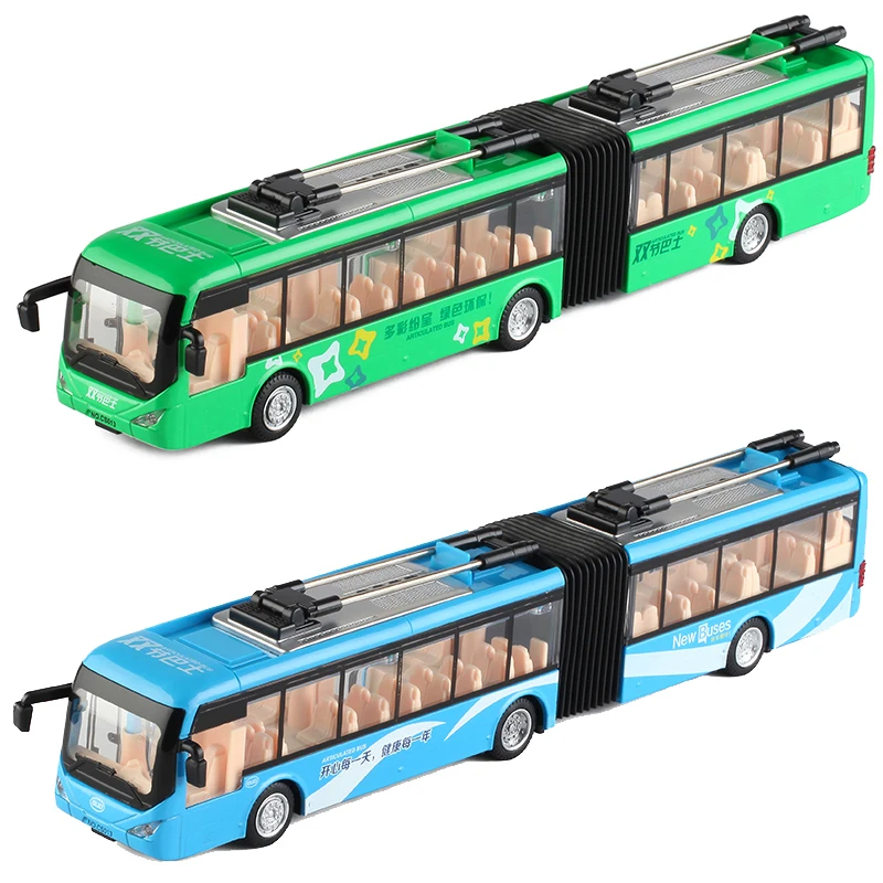 Double section length bus,1:50 alloy pull back Double section bus,High-quality sound and light music children\'s toys