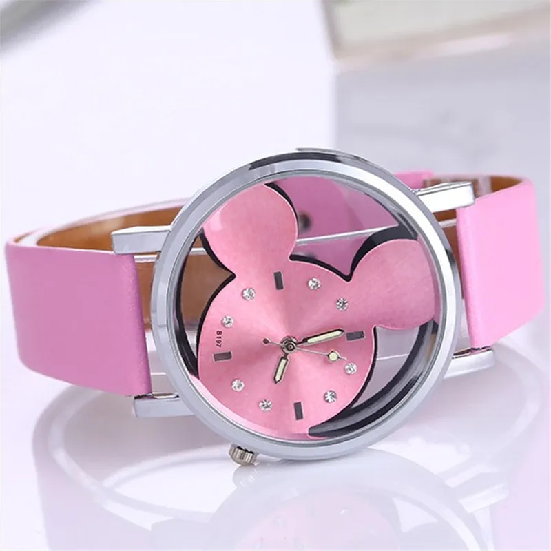 Mickey minnie aço relógio de quartzo desenhos animados oco para fora relógio infantil cristal diamante menina estudante relógio de metal relógio