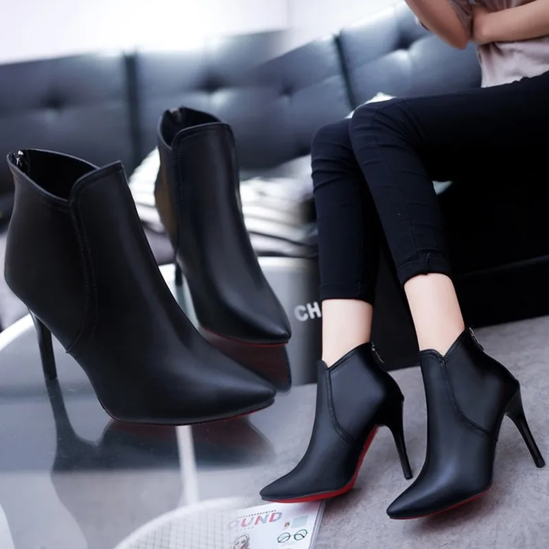 Mazefeng 2023 Winter Women Bare Boots High Heels Dress Shoes Pointed Toe Boots Black Red Botas Mujer Thin Heels Pumps Woman Shoe