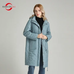 MODERN NEW SAGA Autumn Women Parka Spring Women Coat Cotton Padded Jacket Hooded Long Coat Windproof Zipper Plus Size Outerwear