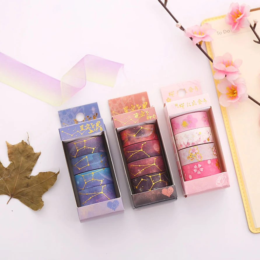 Washi Tape Gold Leaf 5m Masking Tape Kawaii Starry Sky Sakura Stickers 4 Pcs Washitape Set Decorate Fita Adesiva Cute Papeleria