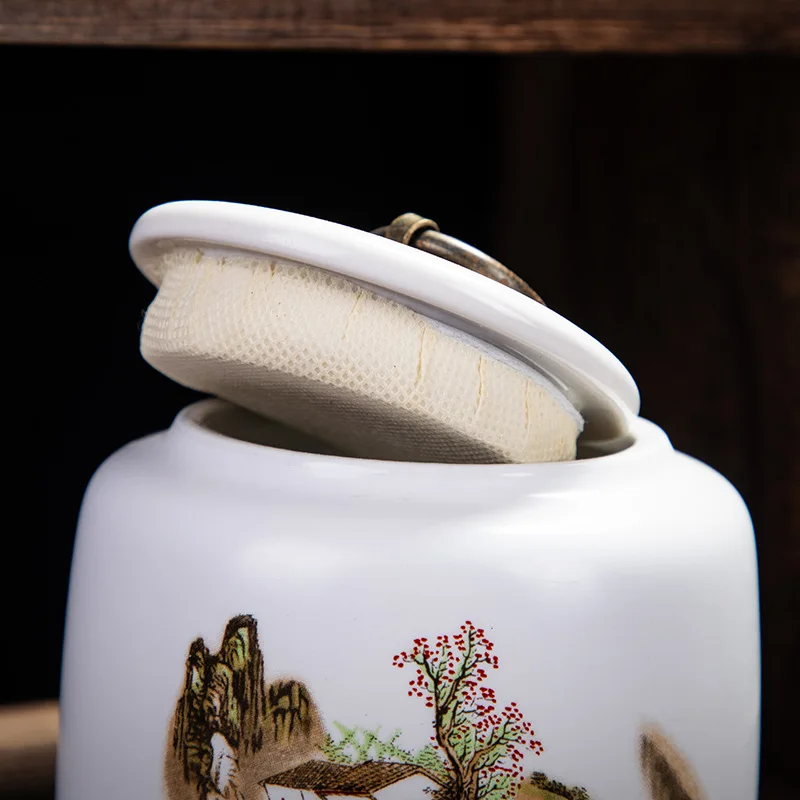 Classical Landscape Flower and Bird Storage Jar Ceramic Tea Caddy with Lid Household White Sealed Nut Storage Jar Food Container