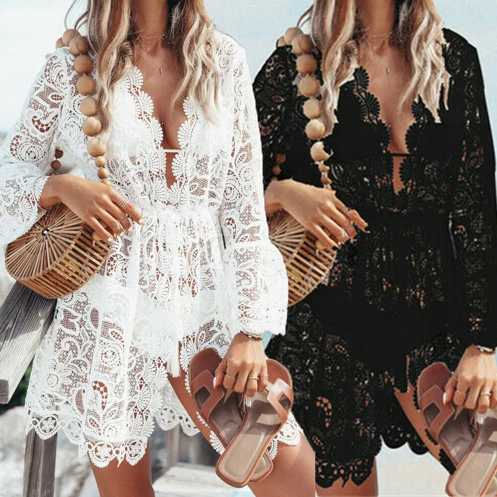 Vestido playero de encaje con cuello en V para mujer, traje Sexy bohemio, informal, para fiesta y vacaciones, gran oferta