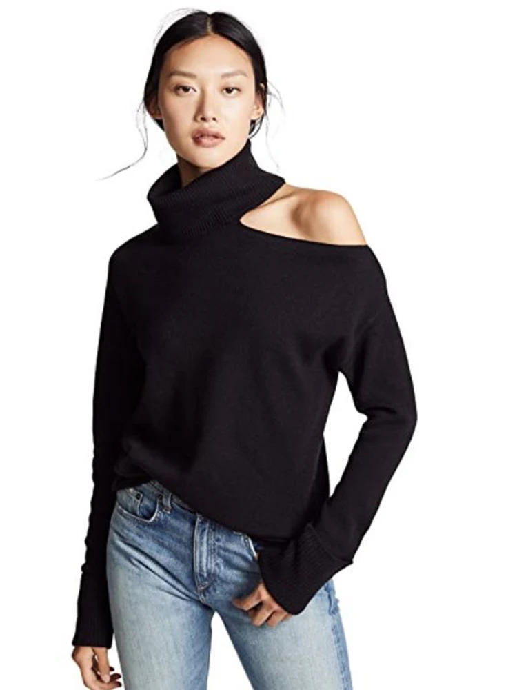 TWOTWINSTYLE Casual Knitting Sweaters For Women Turtleneck Loose Long Sleeve Off Shoulder Pullovers Female 2021 Autumn Clothing