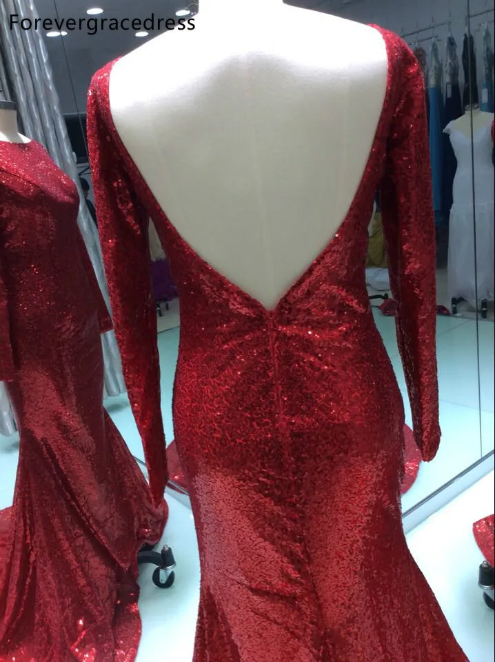 Bella Sparkly Maniche Lunghe Vestito Da Promenade Del Nuovo di Arrivo di Paillettes Rosso Backless Abito Del Partito Su ordine Più Il Formato