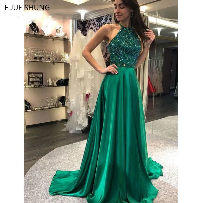 

E JUE SHUNG Shiny Sequin Evening Dresses Halter Neck Prom Dresses Dark Green A Line Formal Party Evening Gowns robe de mariee