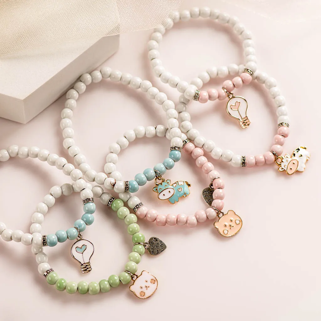 Cartoon Little Cute Hand-Wowen Ceramic Bracelets Bangles Metal Drip Glaze Pendant For Women Girl Children Wholesale #XN048