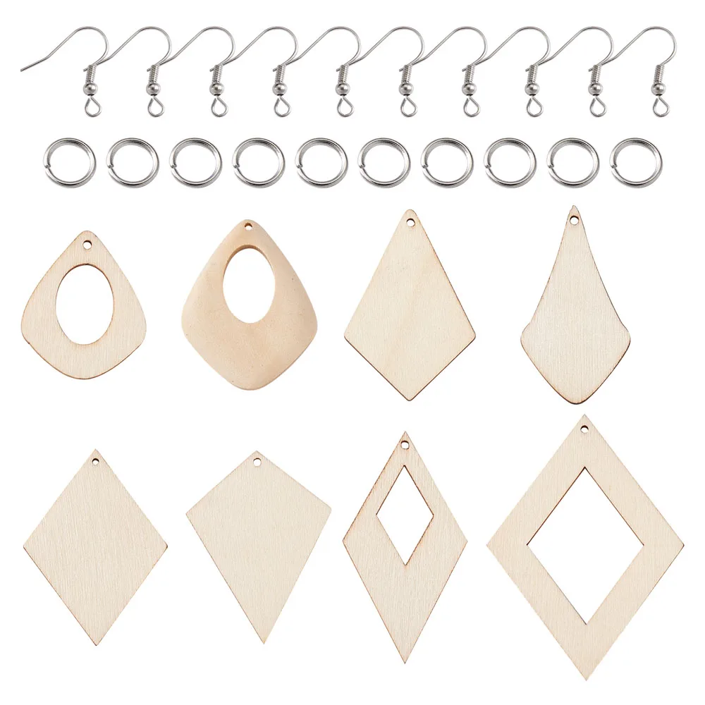 1 Set Unfinished Wooden Earrings Pendants Blank Mixed Shape with Earring Hooks Art Brushes Pen for DIY Craft Jewelry Making