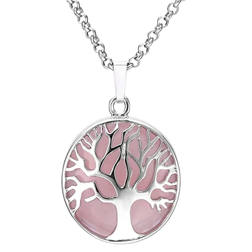 Silver Plated Tree of Life Rose Pink Quartz Round Pendant Link Chain Necklace Green Turquoises Stone Jewelry