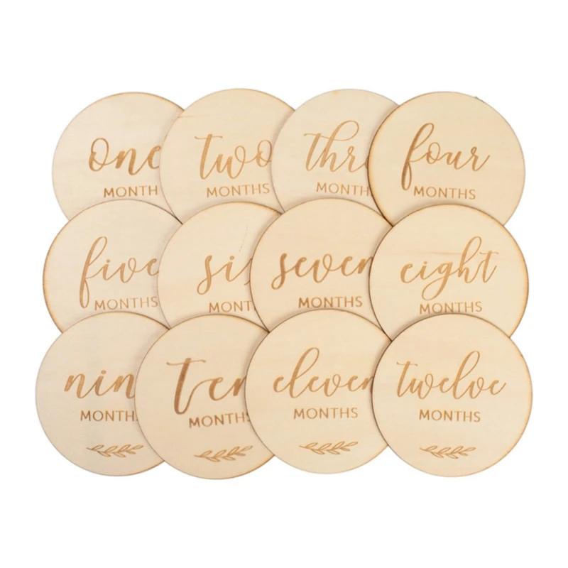 

12 Pcs Baby Milestone Cards Wooden Commemorate Baby Birth Monthly Recording Discs Newborn Shower DIY Gifts