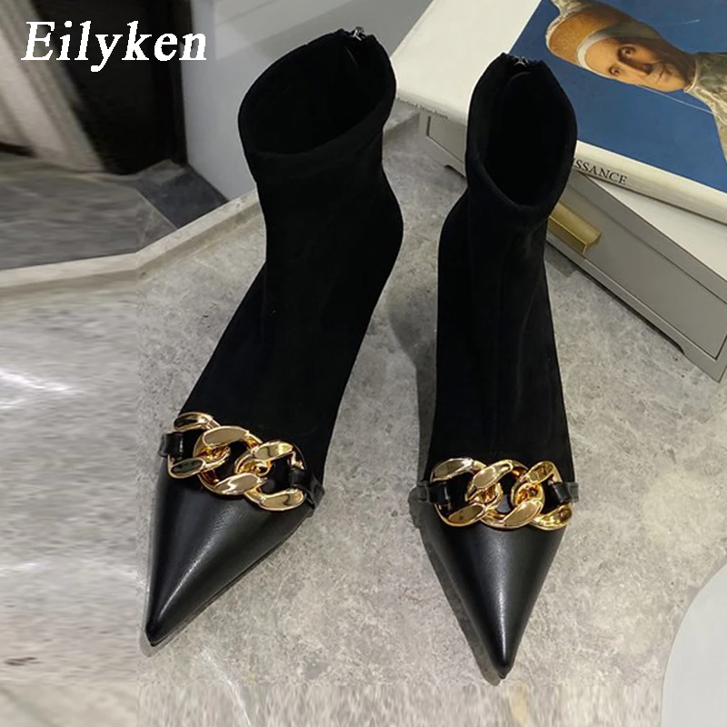 Eilyken Fashion Chain Decoration Women Ankle Boots Low Thin Heels Pointed Toe Pumps Shoes Zip Elegance Short Bootties