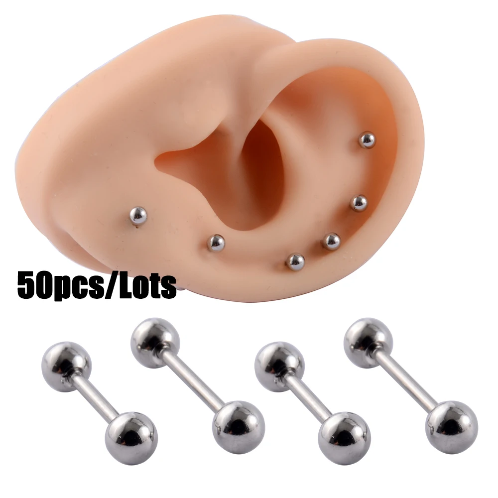 

50Pieces/lot Surgical Steel Ear Cartilage Tragus Barbells Stud Rings Basic Body Piercing jewelry 16G/1.2mm