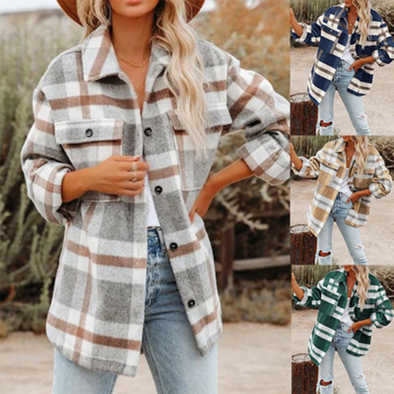 New Women's Coat Autumn and Winter Plaid Button Shirt Woolen Coat Jacket Keep Warm Loose and Casual Ladies Jacket Plus Size