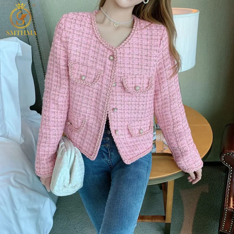 

SMTHMA Women Korea Chic Cropped Tweed Jacket New Spring Elegant Ladies Long Sleeve Vintage Coats Female Round-Neck Outerwear