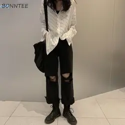 Women Jeans Hole Ripped Ankle-length High Waist Denim Harajuku Wide Leg Loose Trousers Ins Chic Fashion BF Vintage Casual New