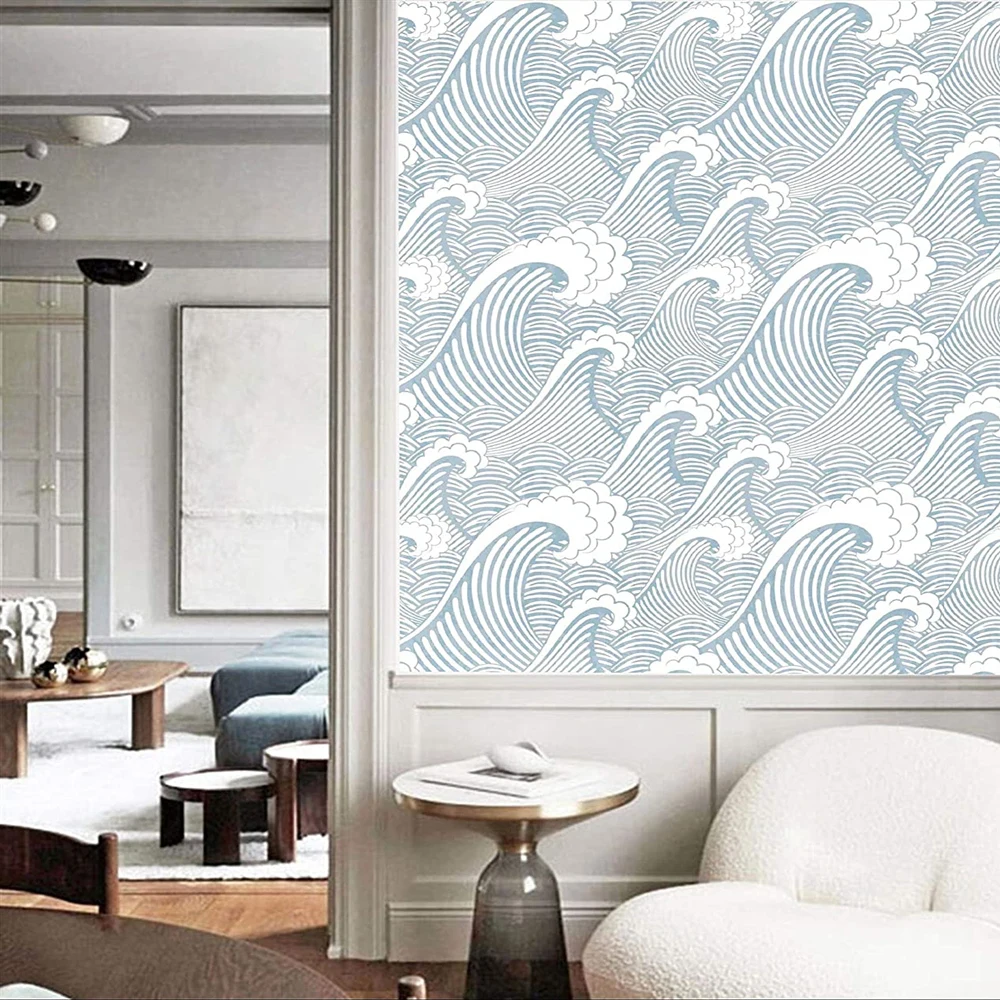 Peel And Stick Handpainting Seamless Blue White Waves Spray Self-Adhesive Prepasted Waterproof Wallpaper Wall Mural Home Decor