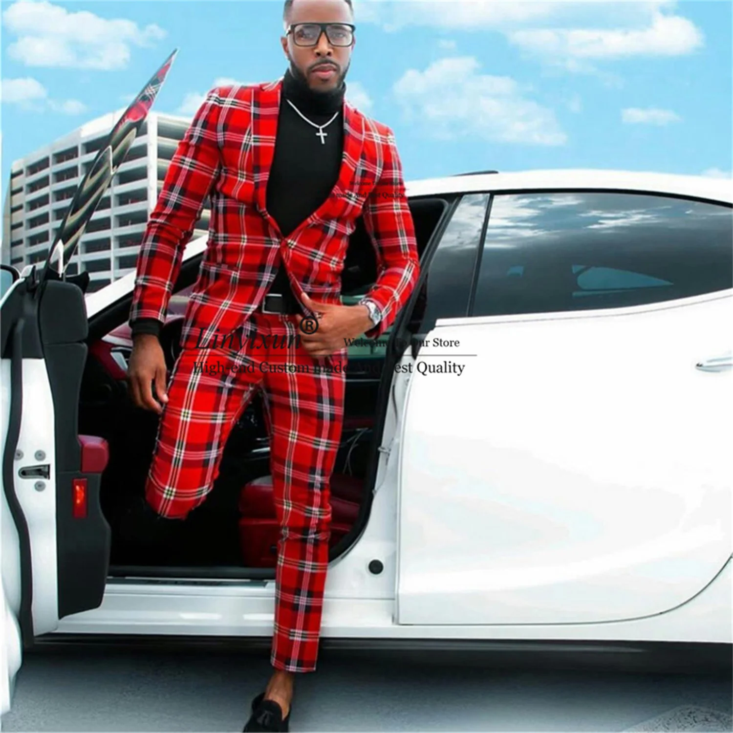 Fashion Check Plaid Red Men Suits Slim Fit Notached Lapel 2 Pieces Groom Wedding Tuxedo Best Man Blazer Prom Party Costume Homme