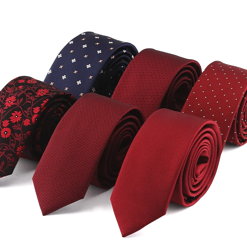 

2024 New Designers Brands Fashion Business Casual 5.5cm Slim Ties for Men Skinny Necktie Wedding Office with Gift Wine Red