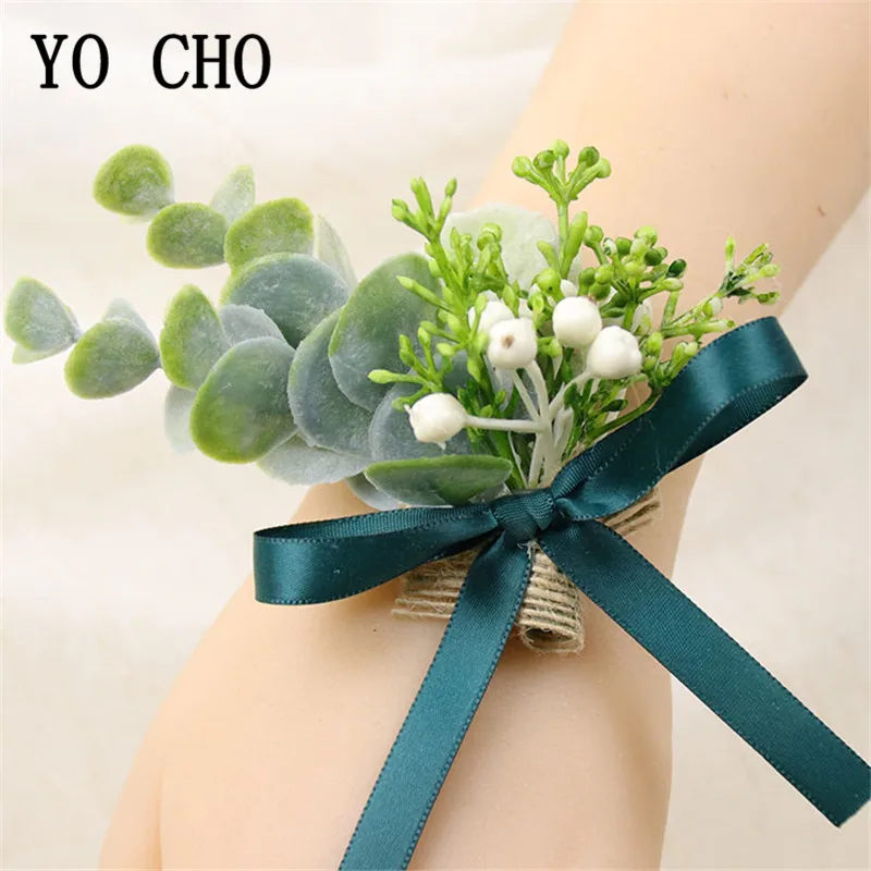 YO CHO Wrist Corsage Christmas Berries Wedding Boutonniere Forest Style Girl Bracelet Eucalyptus Leaves Men Wedding Boutonnieres