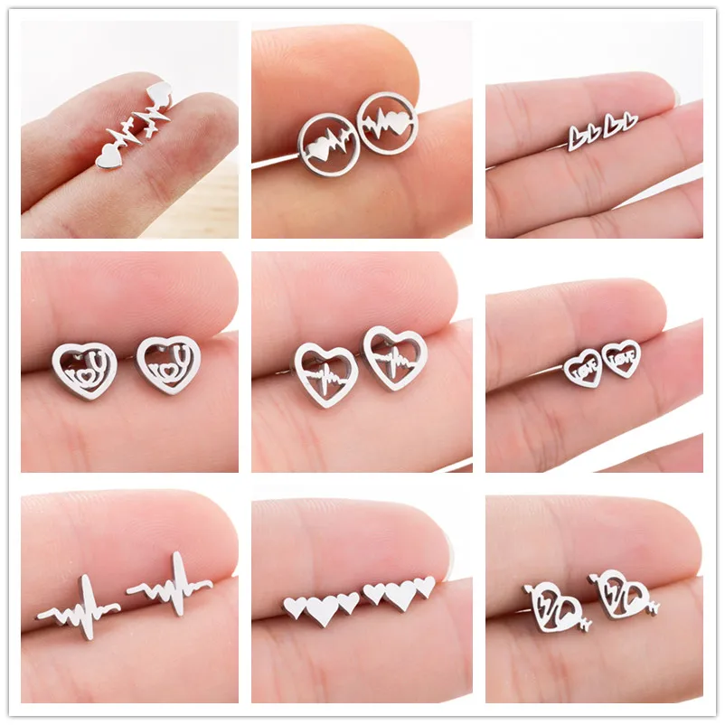 Lovers Dating Medical ECG Heartbeat Stud Earrings for Women Nurse Stainless Steel  Jewelry Heart Earrings