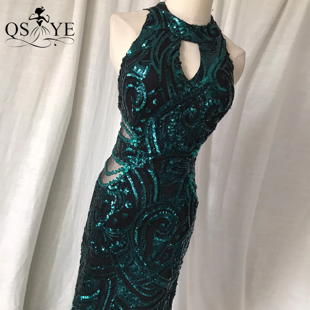 Green Evening Dress Halter KeyholeNeck Mermaid Long Evening Gown Elegant Glitter Sequin Pattern Formal Party Women Emerald Dress