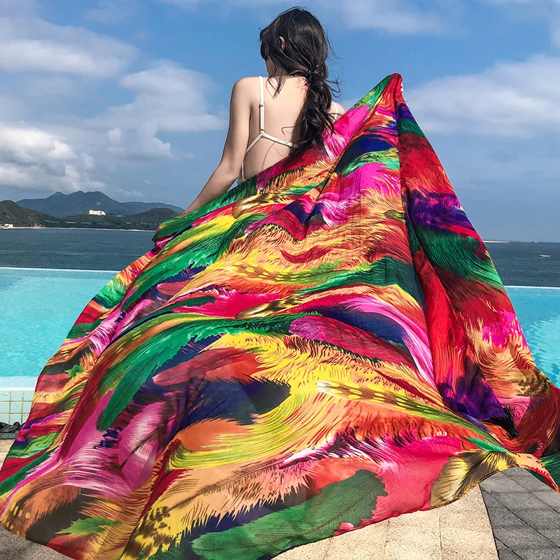 Silk scarf female summer sunscreen beach towel bohemian shawl scarf dual-use wild beach large scarf can be used as a skirtdress