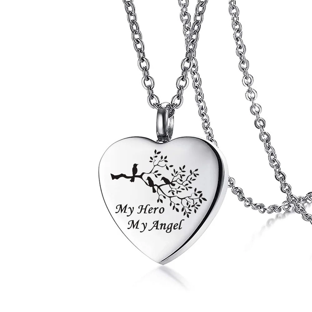 Pendentif commémoratif en acier inoxydable, collier en forme de cœur de trois petits oiseaux, bijoux de crémation, pour cendres-my hero My angel