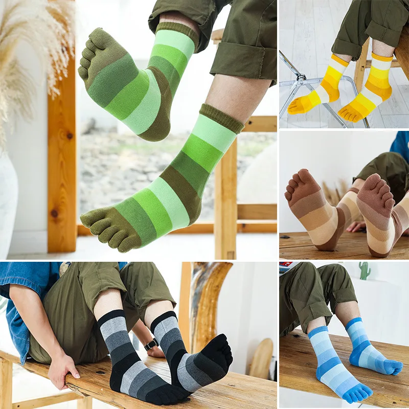 Socks Men Autumn Winter Medium High Tube Five Fingers Splite Colorful Gradual Change Cotton Thicken Striped Casual Toe Sock Man