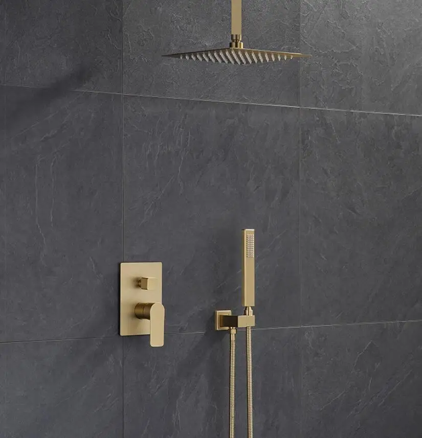 Brass Brushed Gold 1-3 functions Rain Shower Faucet Set Wall Mounted Shower Arm Diverter Mixer Tap Brass Handheld Spray Set