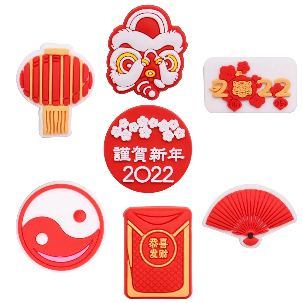 1PCS PVC Cartoon Shoe Charms Chinese Lantern Paper Folding Fan Red Envelope Tiger Happy New Year Shoes Decoration Buckle Gift